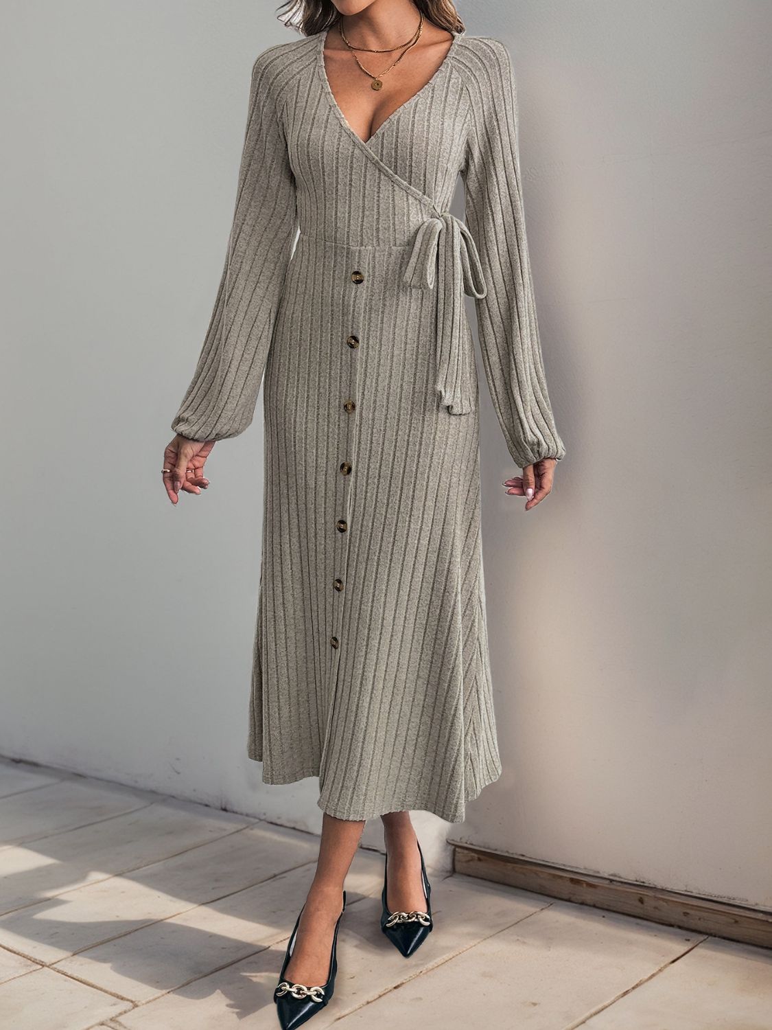 Perfee Ribbed Tied Surplice Long Sleeve Dress  Trendsi   