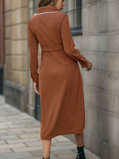 Perfee Lace Detail Collared Neck Long Sleeve Midi Dress  Trendsi   