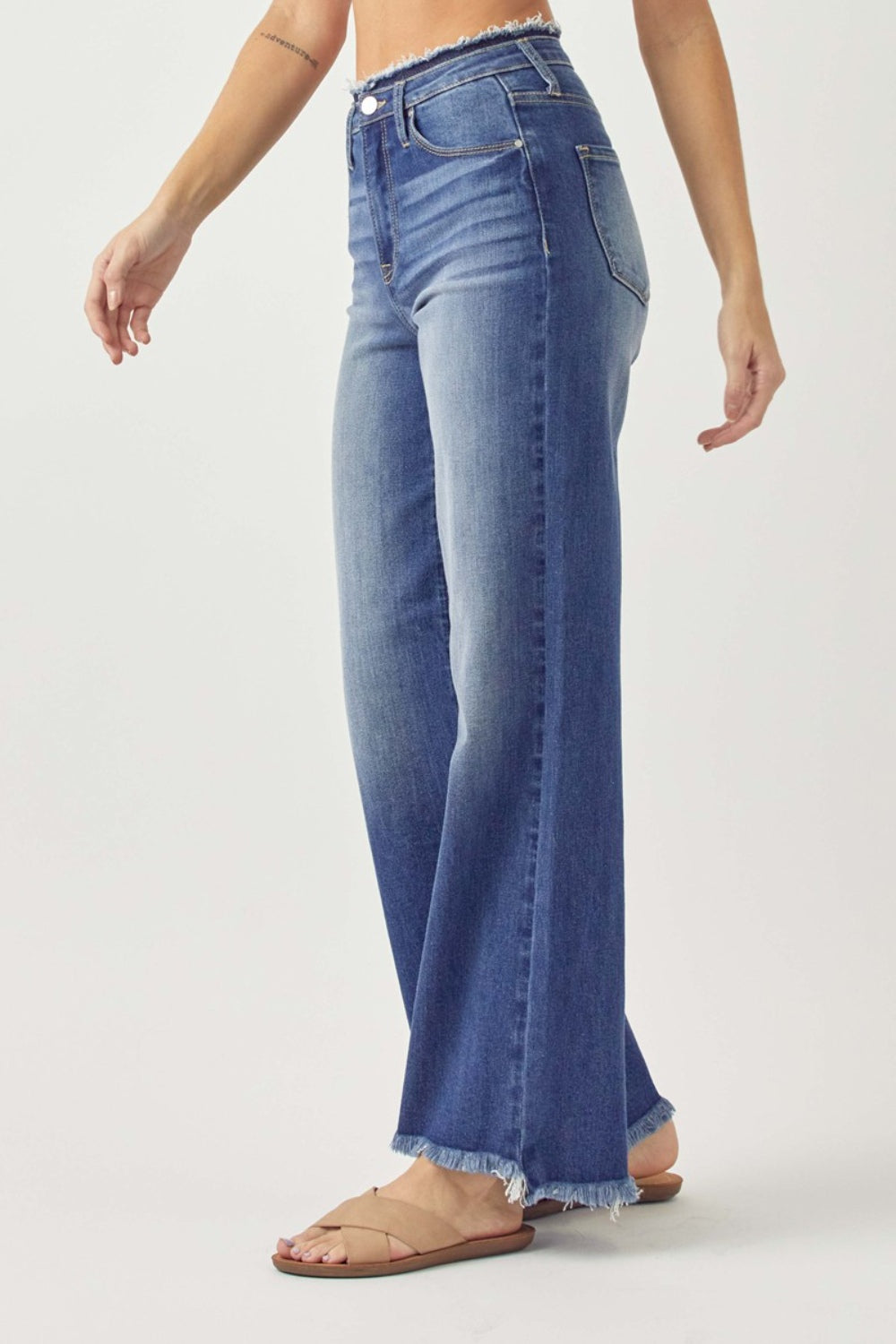 RISEN High Waist Raw Hem Wide Leg Jeans  Trendsi   