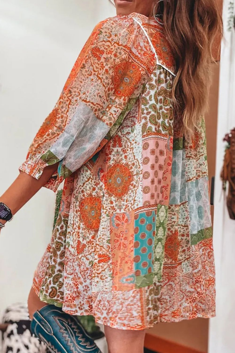 Tassel Printed Three-Quarter Sleeve Mini Dress  Trendsi   