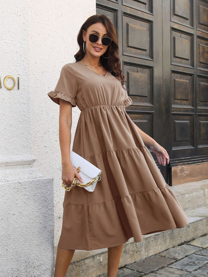 V-Neck Short Sleeve Midi Dress Dress Trendsi Khaki S 