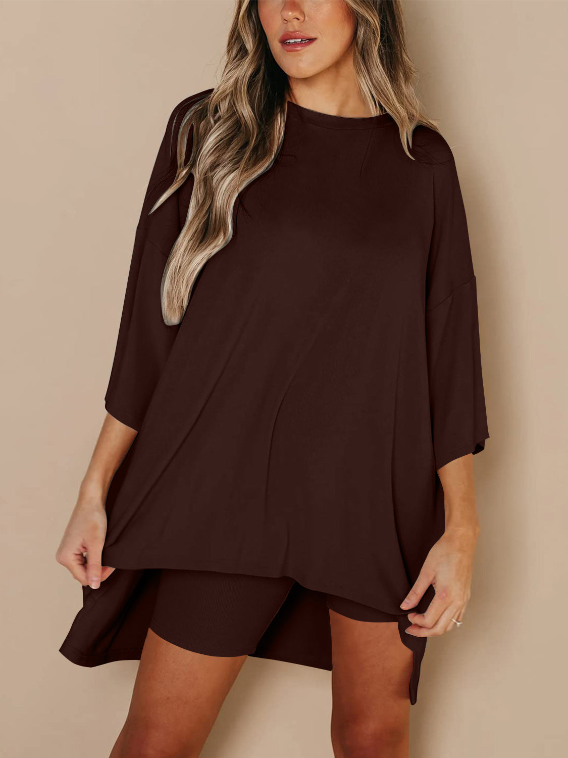 Full Size Round Neck Top and Skinny Shorts Set  Trendsi   