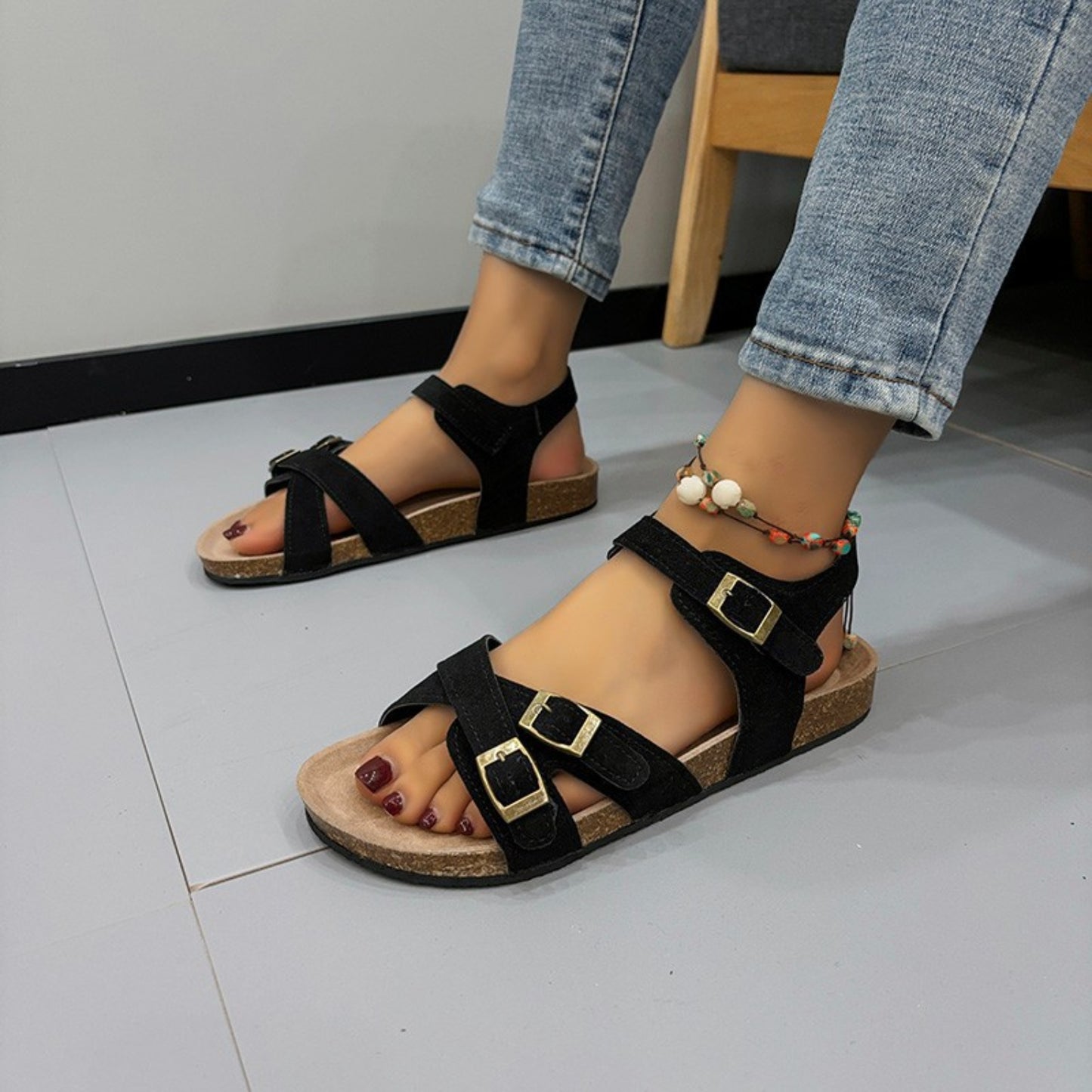 Open Toe Flat Buckle Sandals  Trendsi Black 36(US5) 