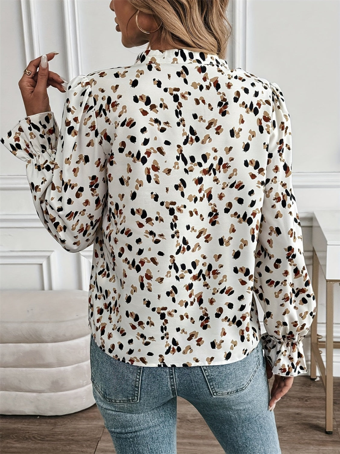 Printed Notched Flounce Sleeve Blouse Blouse Trendsi   