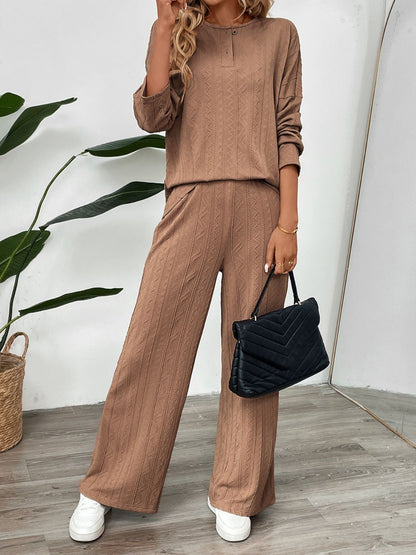 Perfee Quarter Button Long Sleeve Top and Pants Set  Trendsi   