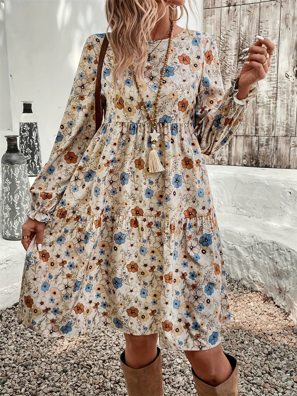 Ruffled Printed Round Neck Long Sleeve Dress  Trendsi   