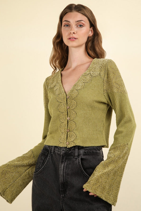 VERY J V-Neck Lace Detail Button Down Crop Ribbed Knit Top Luxe Trendsi Olive S 