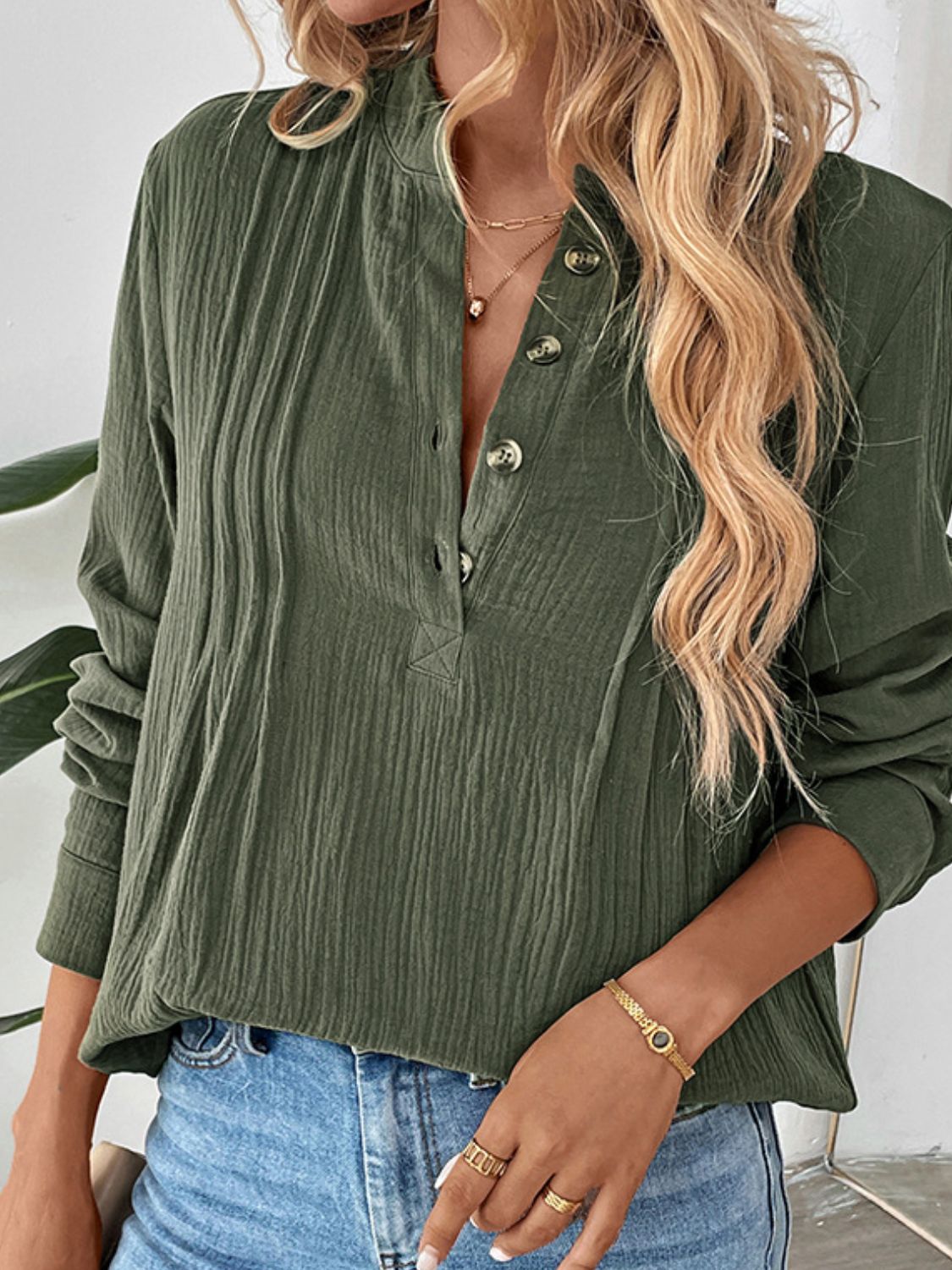 Perfee Textured Notched Long Sleeve Blouse  Trendsi   