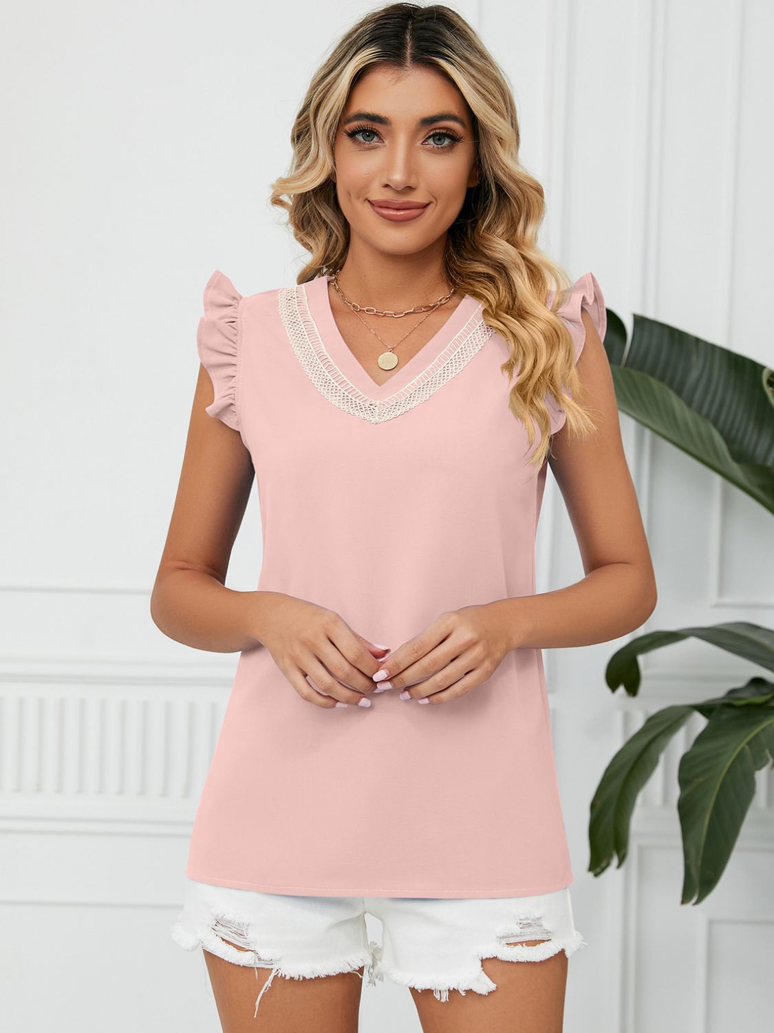 Ruffled V-Neck Cap Sleeve Blouse Blouse Trendsi   