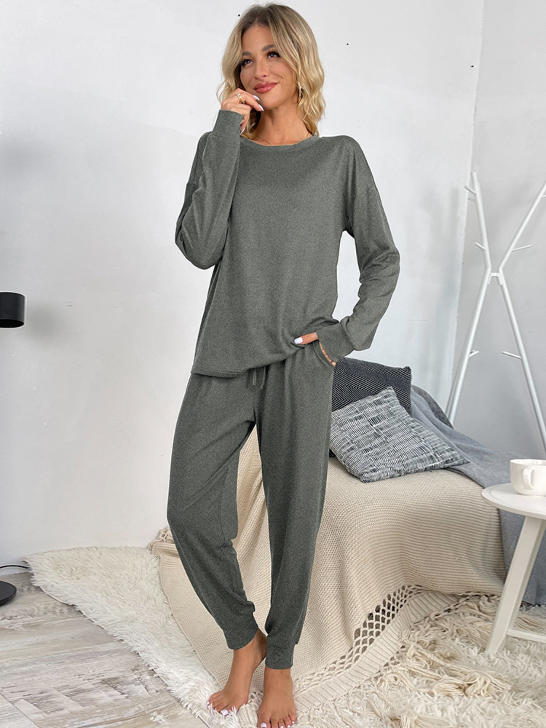 Shiny Round Neck Top and Drawstring Pants Lounge Set  Trendsi   