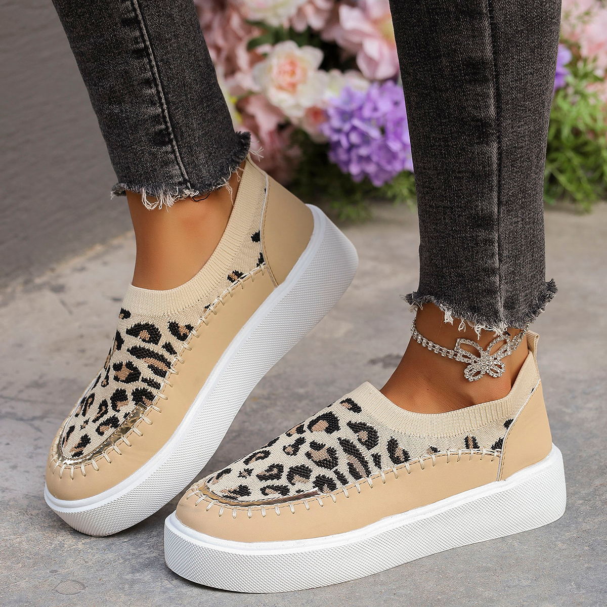 Leopard Round Toe Platform Sneakers  Trendsi   