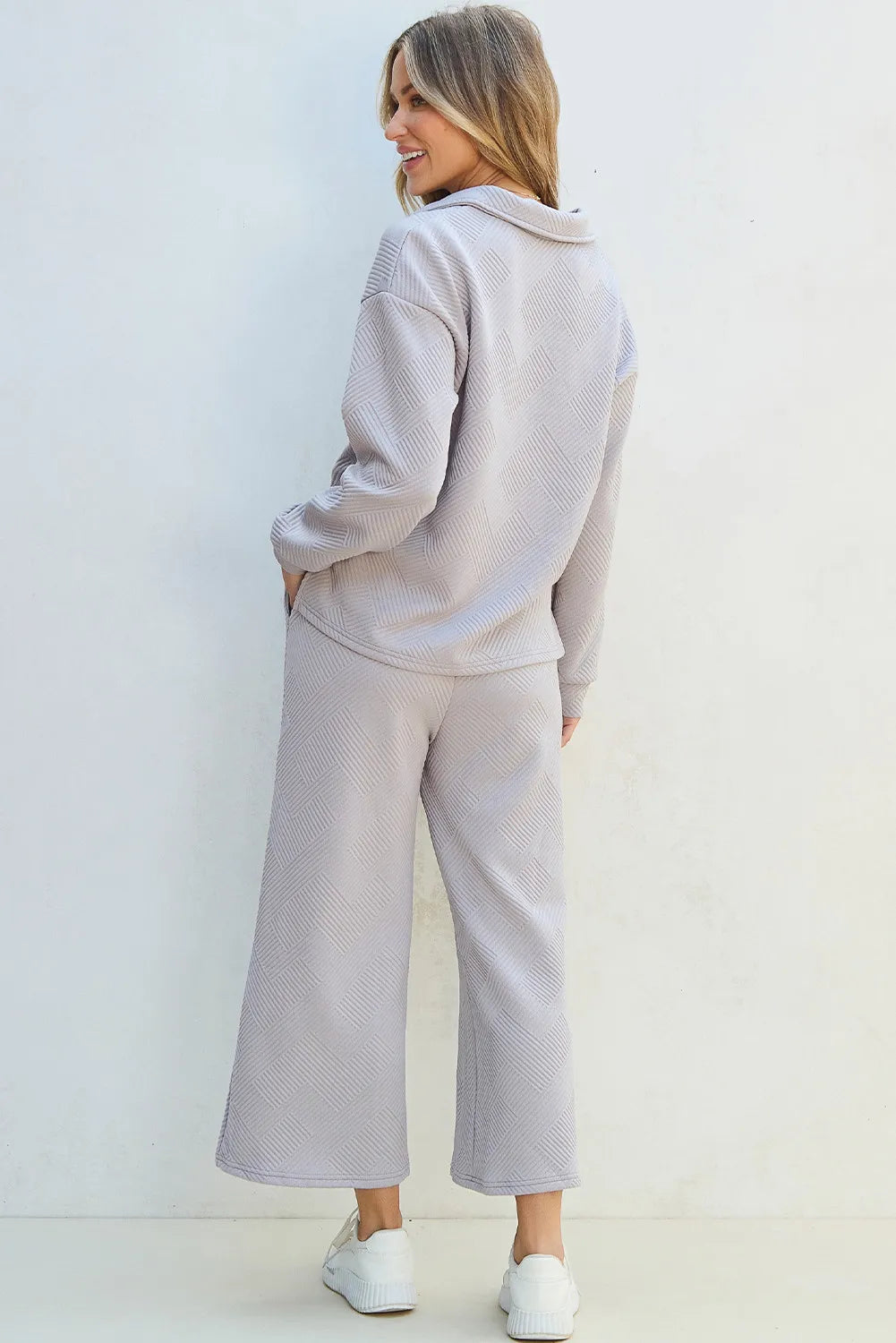 Textured Long Sleeve Top and Drawstring Pants Set  Trendsi   