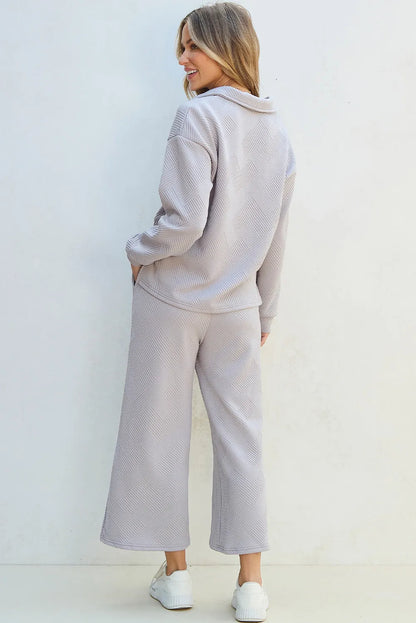 Textured Long Sleeve Top and Drawstring Pants Set  Trendsi   