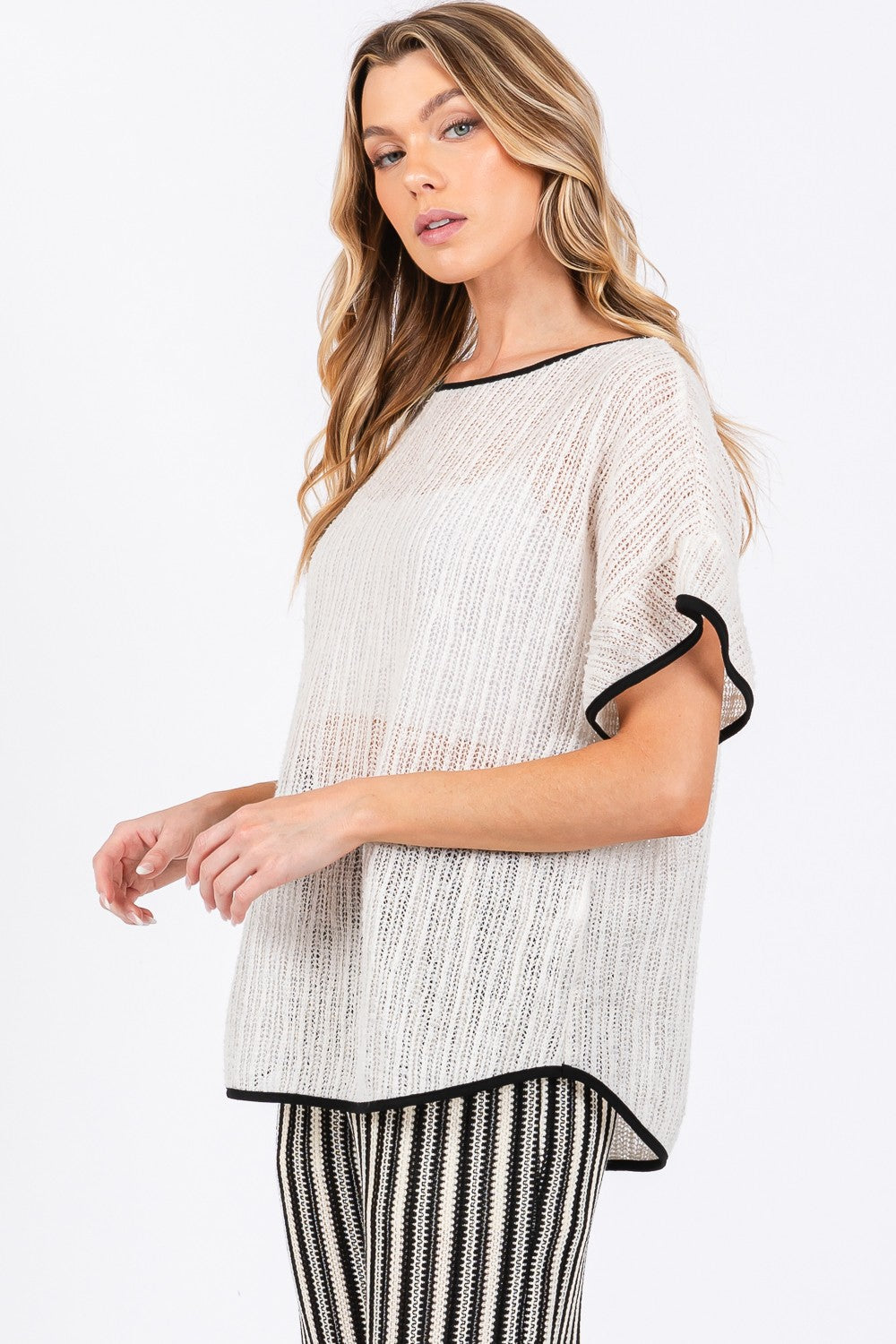 GeeGee Contrast Trim Short Sleeve Knit Cover Up  Trendsi   