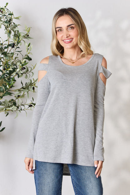 Hailey & Co Cutout Cold Shoulder Long Sleeve Top Blouse Trendsi GREY S 