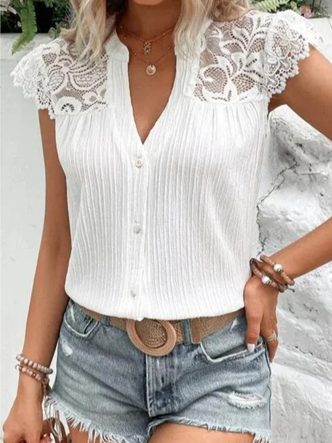 Lace Detail Notched Cap Sleeve Blouse Blouse Trendsi White S 