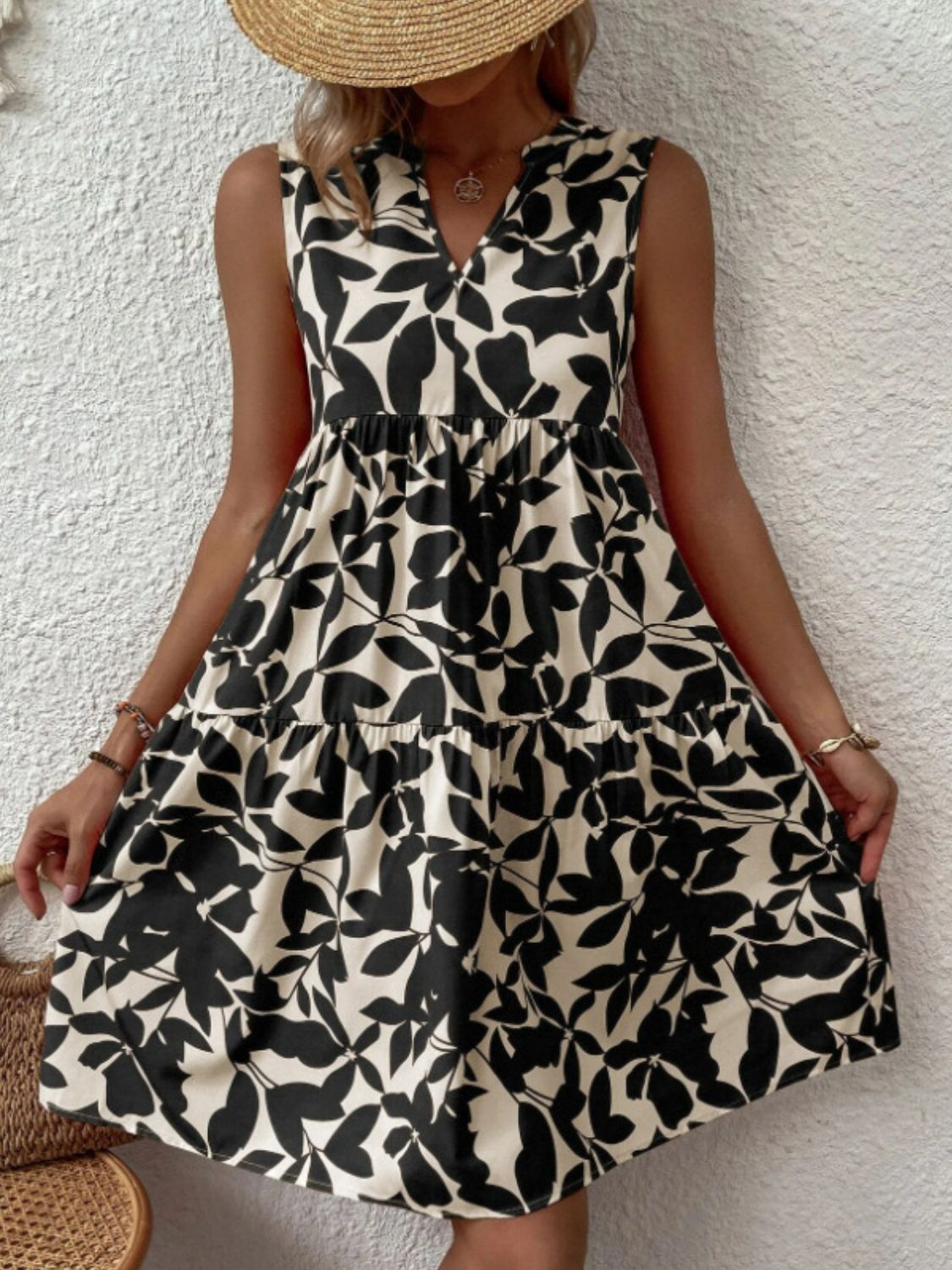 Printed Notched Sleeveless Mini Dress Dress Trendsi   