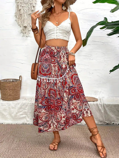 Printed Elastic Waist Midi Skirt