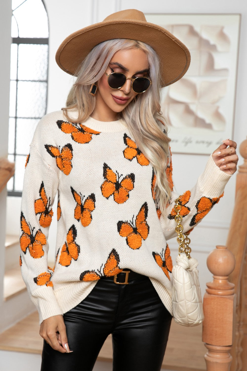 Butterfly Round Neck Long Sleeve Sweater  Trendsi Ivory S 