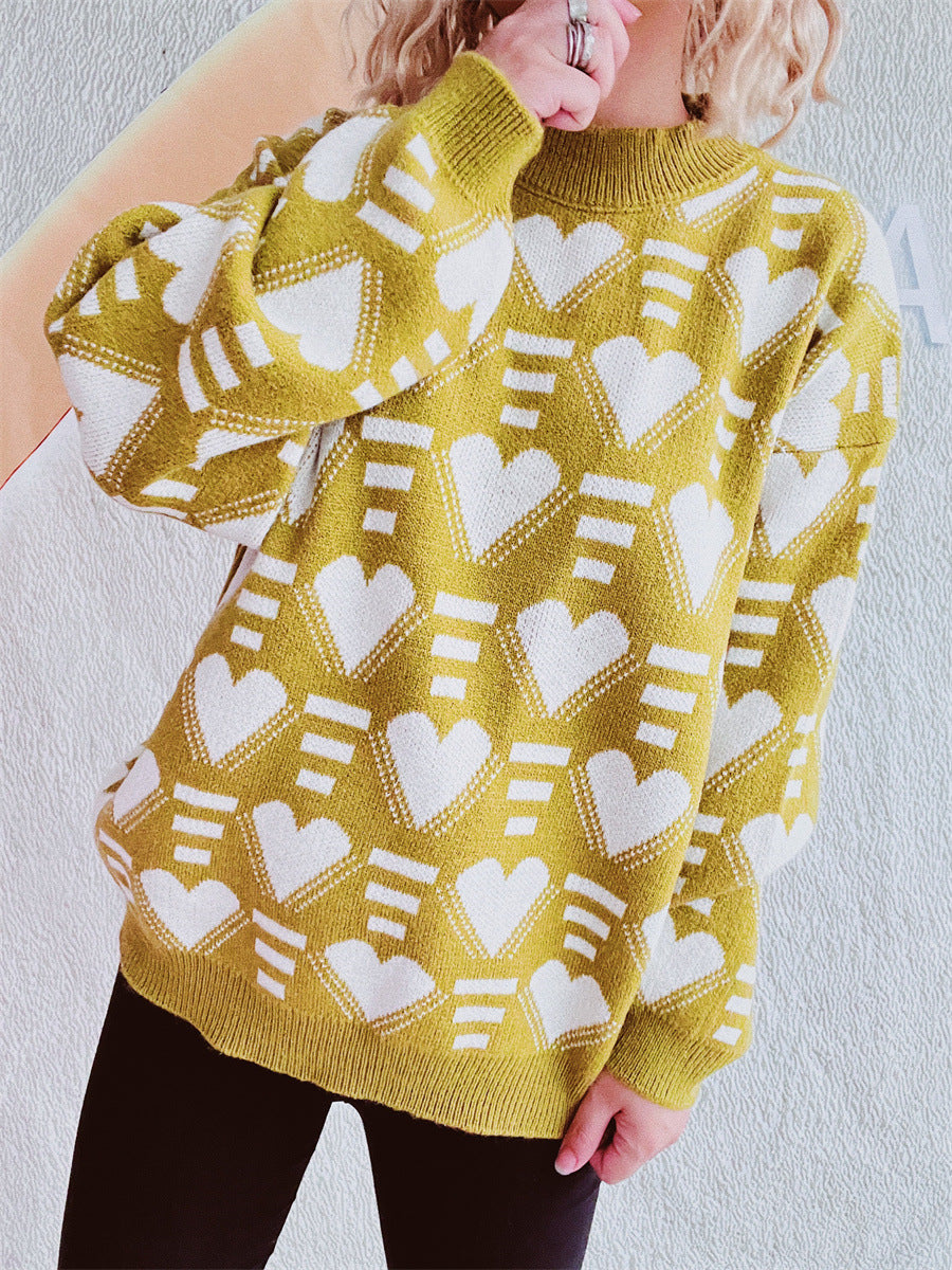 Heart Contrast Long Sleeve Dropped Shoulder Sweater  Trendsi   