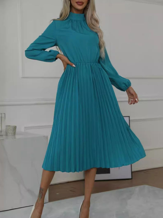 Mock Neck Long Sleeve Pleated Dress Dress Trendsi French Blue S 