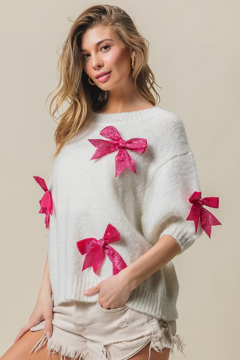 BiBi Sequin Bow Puff Sleeve Sweater  Trendsi Ivory/Fuchsia S 