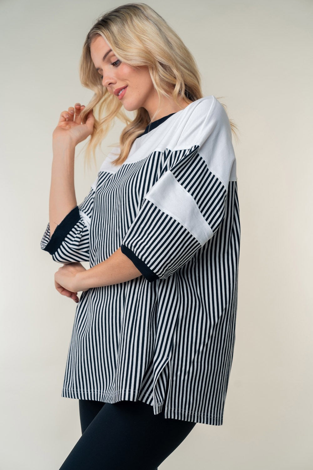 White Birch Full Size Striped Contrast Round Neck Top  Trendsi   