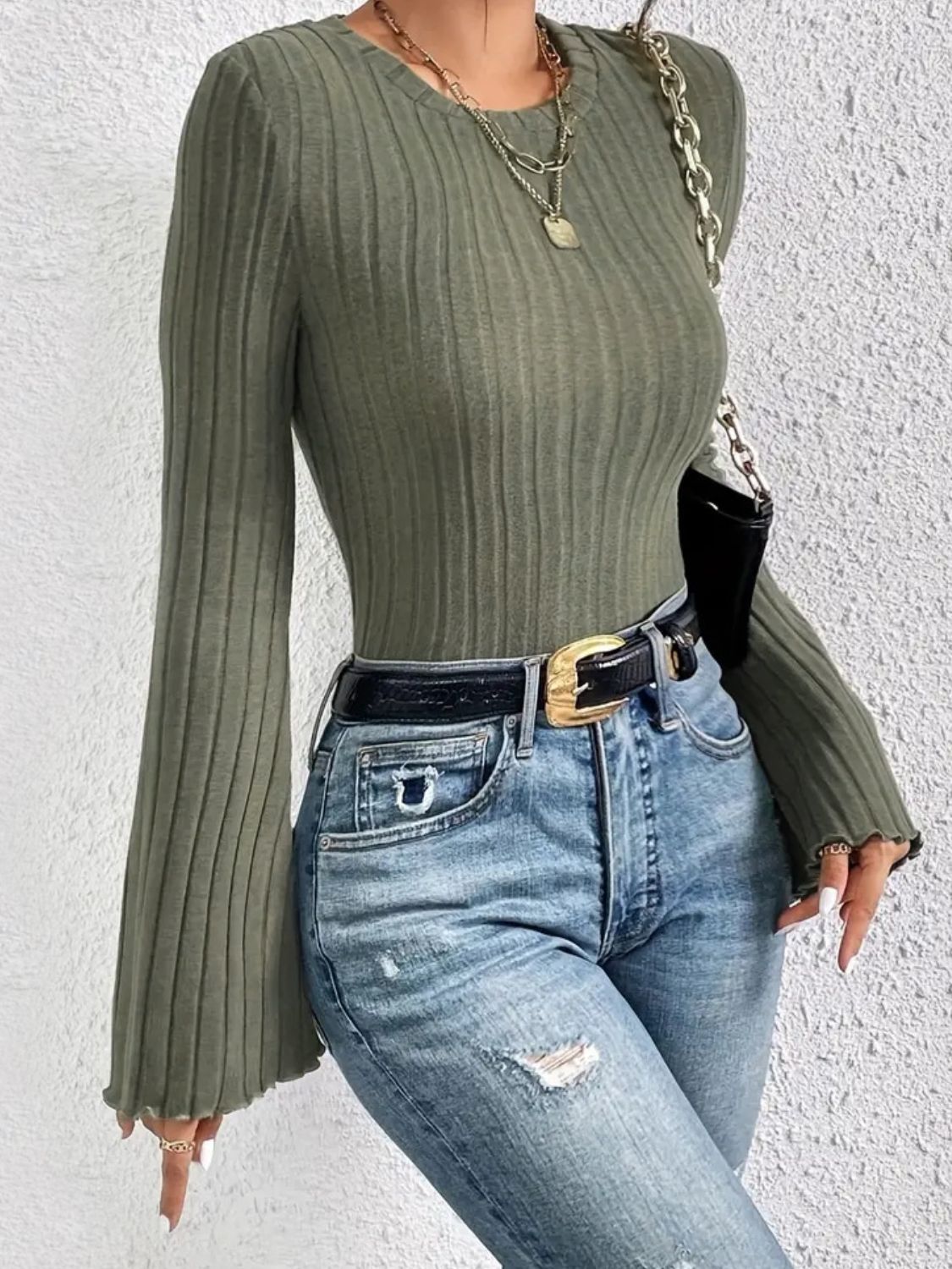 Ribbed Round Neck Flare Sleeve T-Shirt T-Shirt Trendsi   