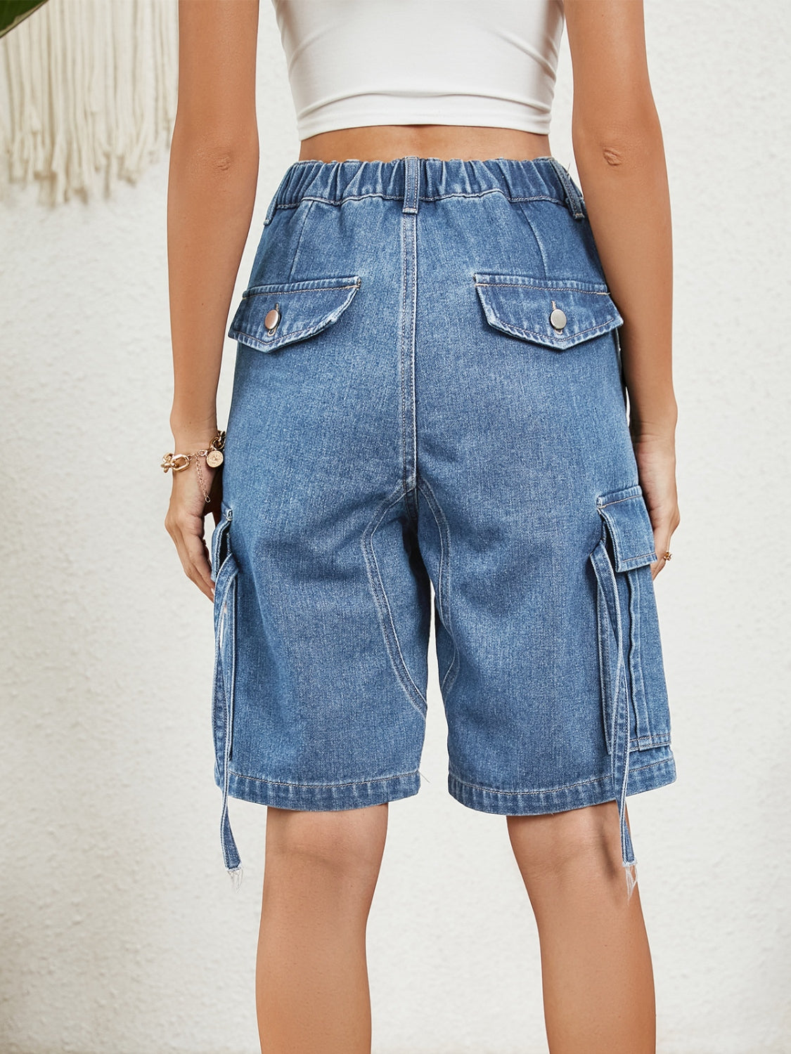 Buttoned Elastic Waist Denim Shorts with Pockets  Trendsi   