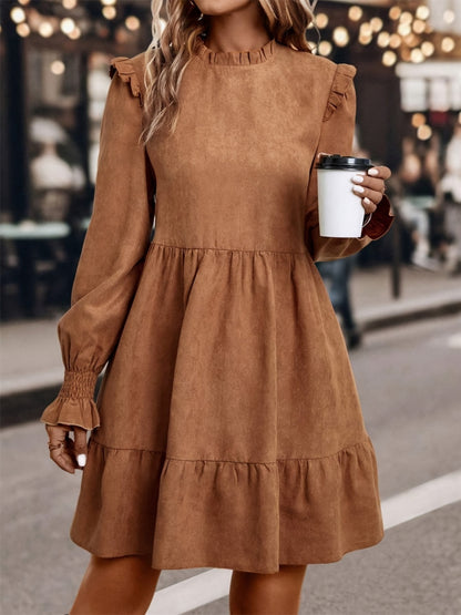 Frill Round Neck Long Sleeve Mini Dress  Trendsi Caramel S 