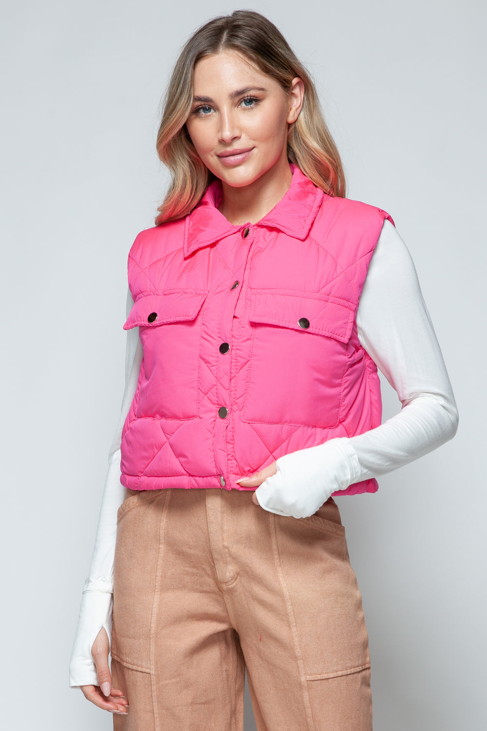 Snobbish Snap Down Quilted Crop Vest  Trendsi Hot Pink S 