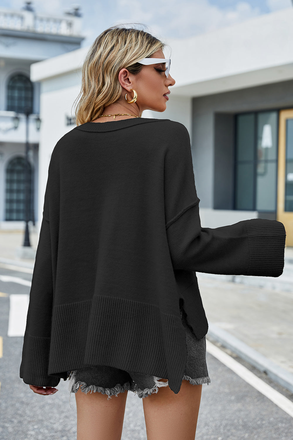 High-Low Slit Round Neck Long Sleeve Sweater  Trendsi   