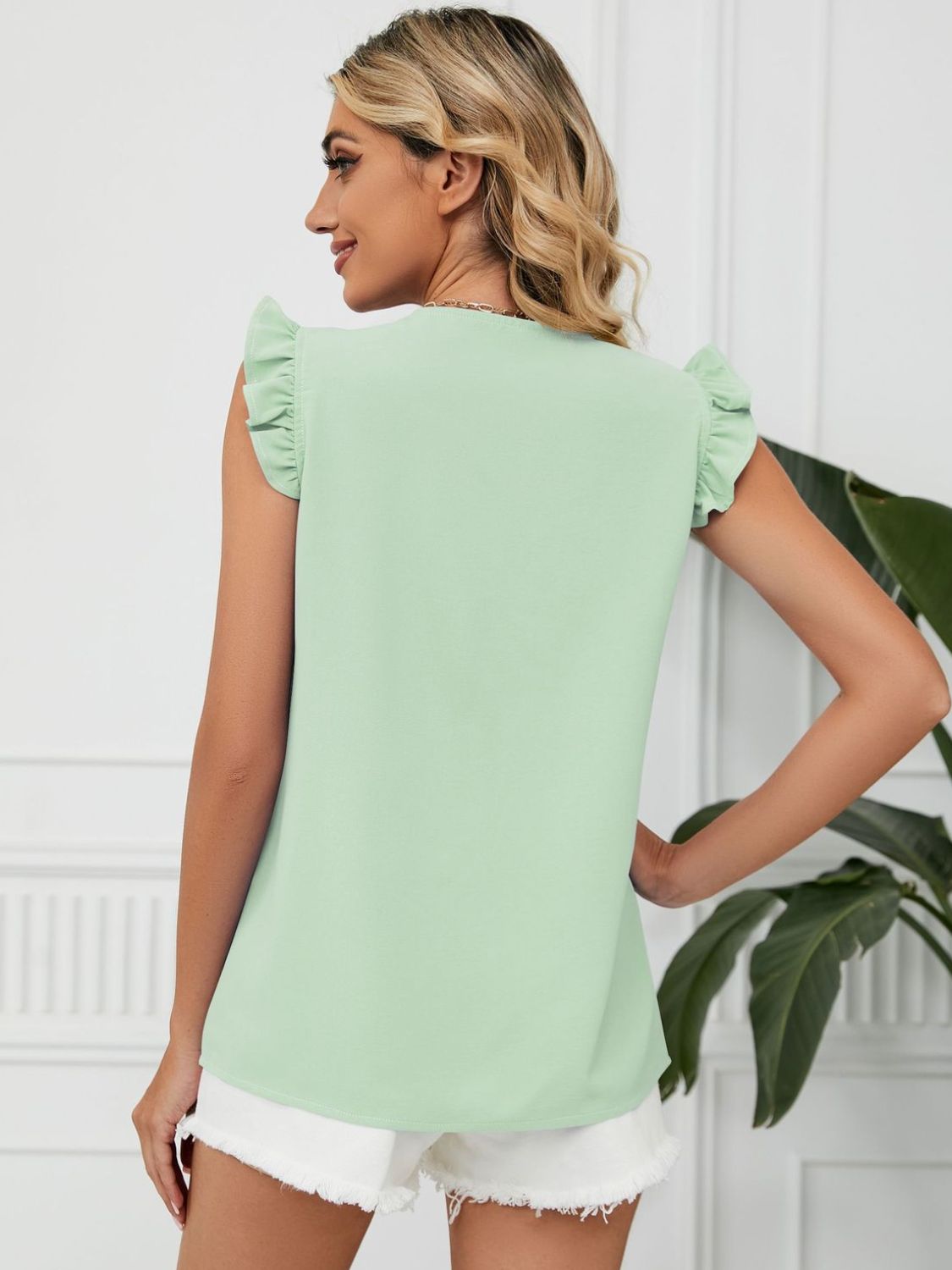 Ruffled V-Neck Cap Sleeve Blouse Blouse Trendsi   