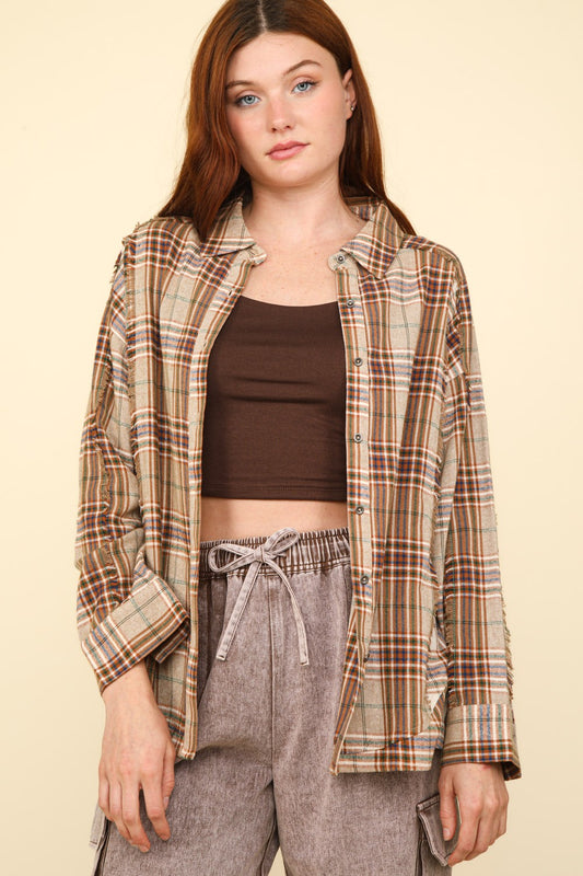 VERY J Contrast Plaid Raw Detail Shirt Luxe Trendsi Taupe S 