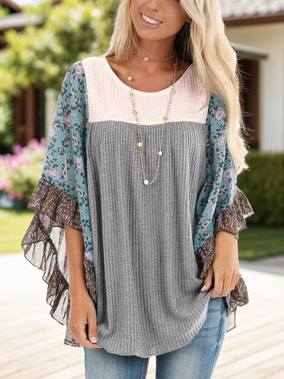 Full Size Printed Round Neck Three-Quarter Sleeve Blouse  Trendsi Gray S 