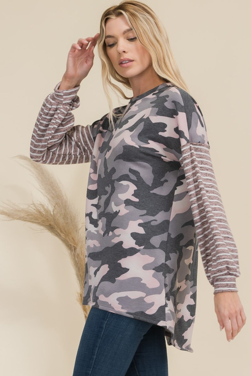 Celeste Full Size Camo Print High-Low T-Shirt with Stripe Sleeves  Trendsi   