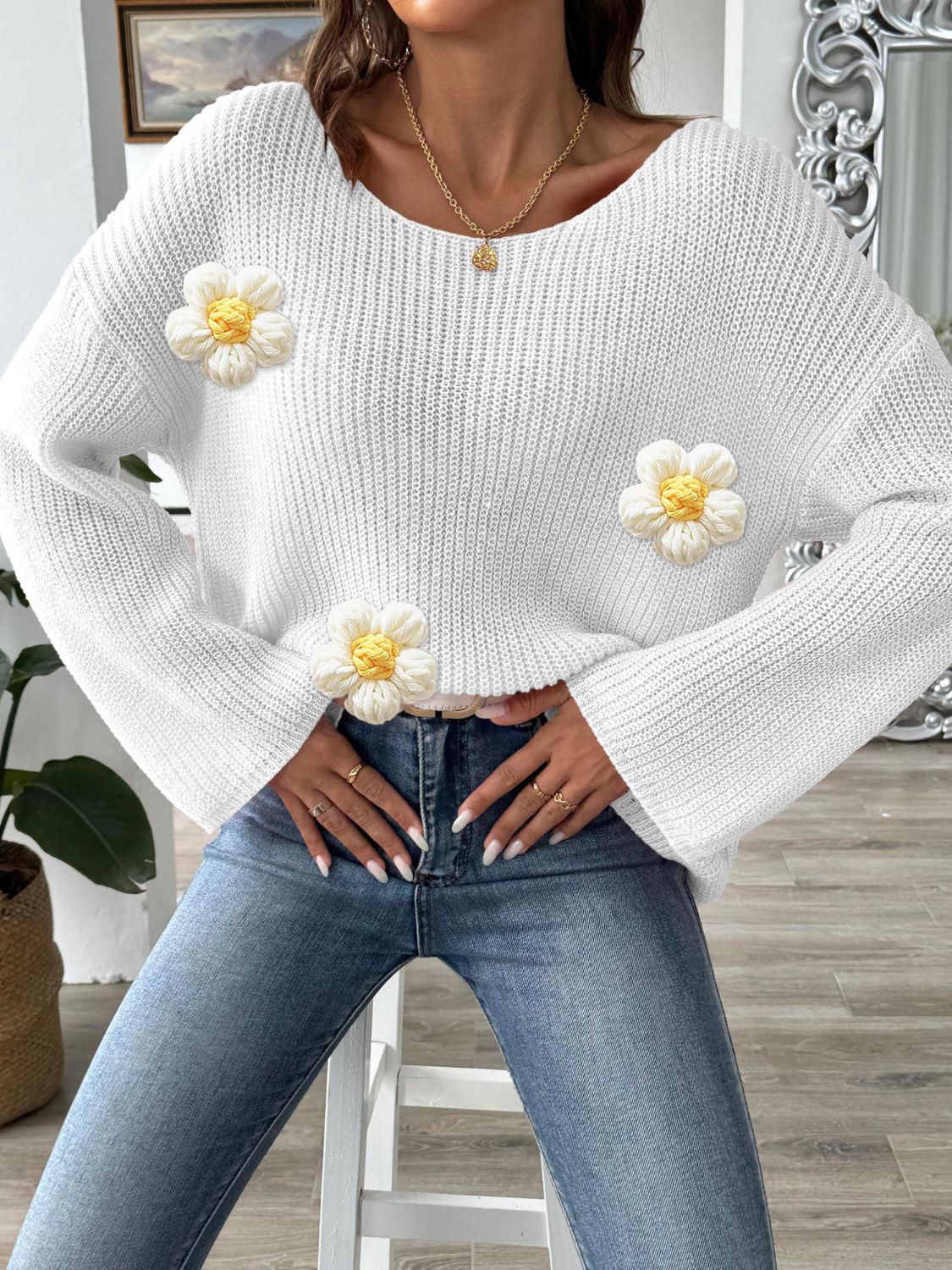 Flower Round Neck Long Sleeve Sweater  Trendsi   