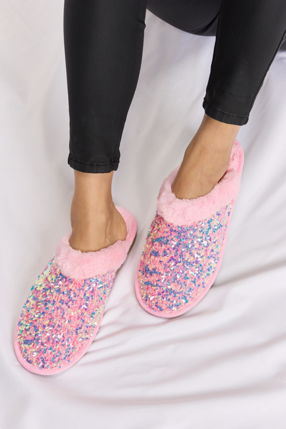 Forever Link Sequin Plush Round Toe Slippers  Trendsi   