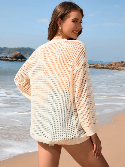 Openwork Dropped Shoulder Long Sleeve Cover-Up  Trendsi   