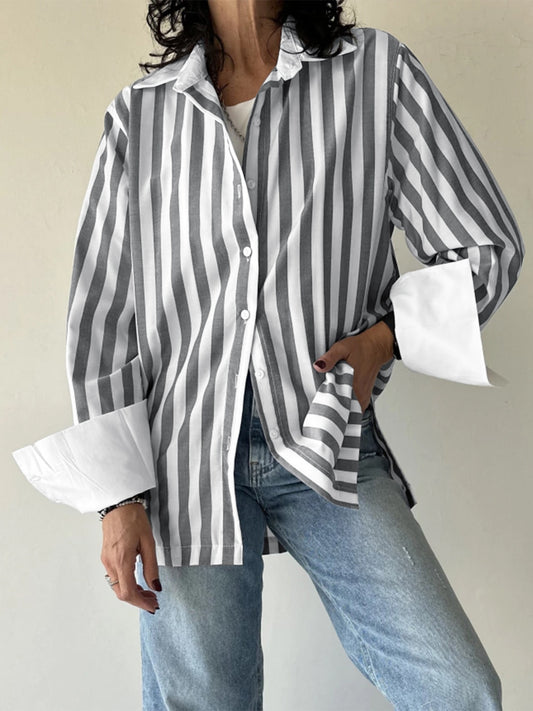 Striped Collared Neck Long Sleeve Shirt Blouse Trendsi Stripe S 