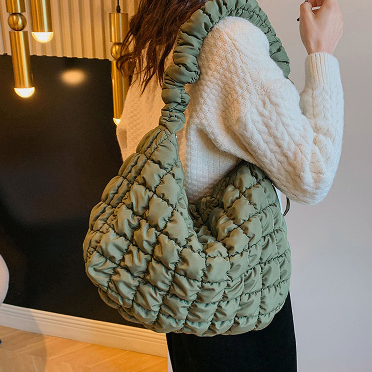 Drawstring Adjustable Strap Quilted Shoulder Bag