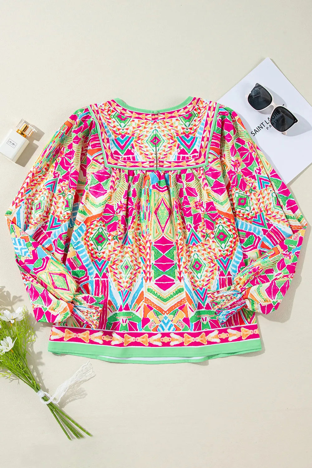 Geometric Printed Round Neck Long Sleeve Blouse Blouse Trendsi   