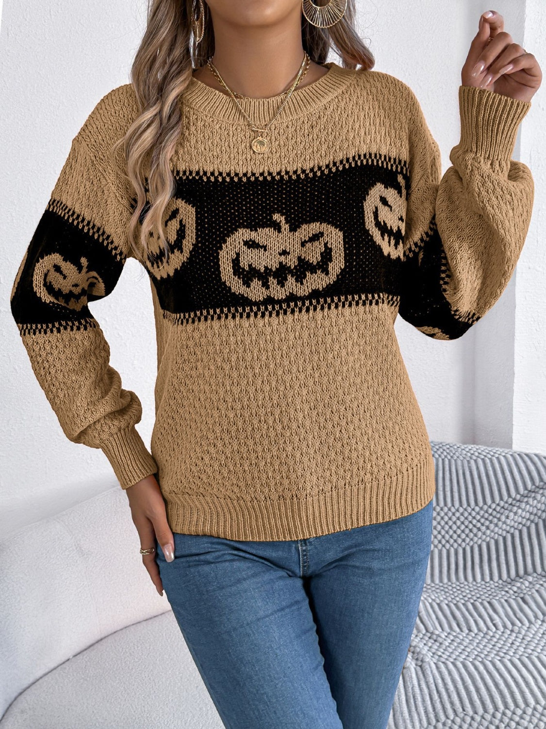 Pumpkin Round Neck Long Sleeve Sweater  Trendsi   