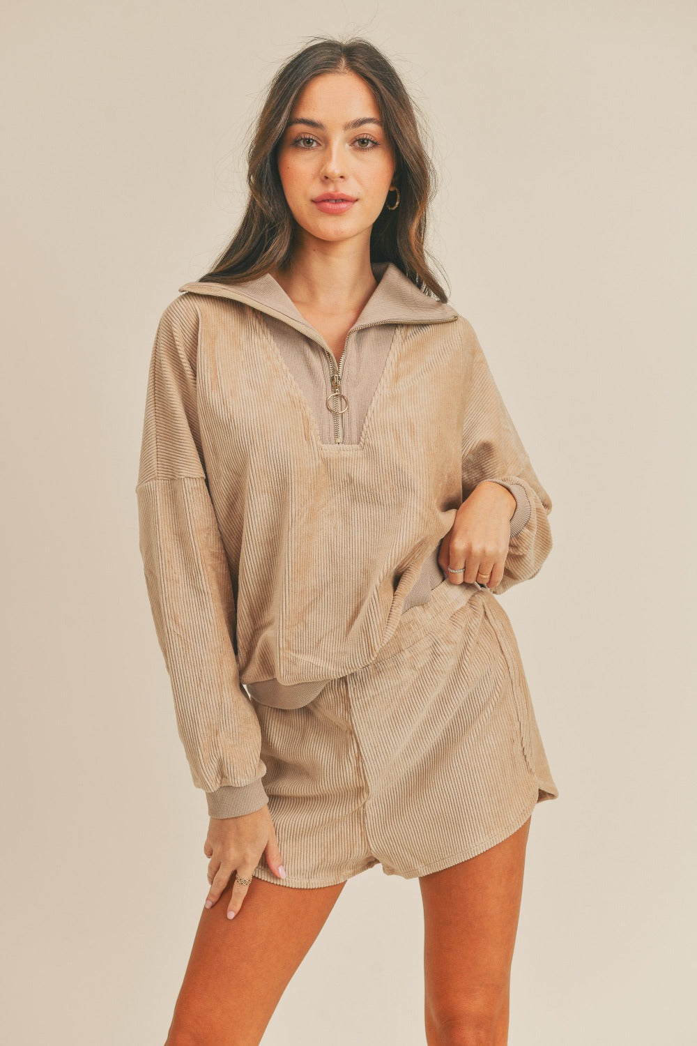 MABLE Corduroy Half Zip Top and Shorts Set Luxe Trendsi   