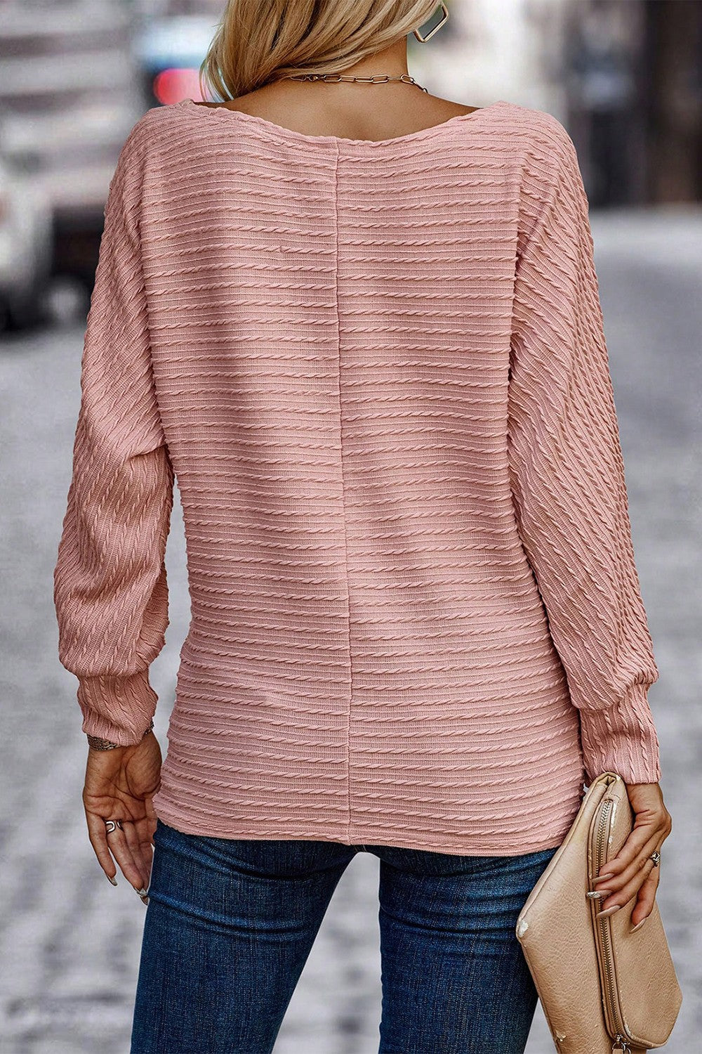 Texture Round Neck Long Sleeve Top Blouse Trendsi   