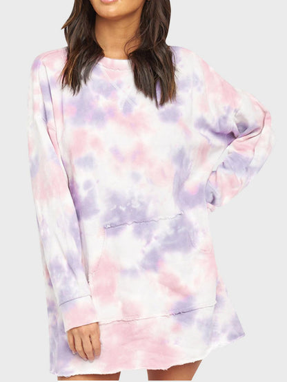 Pocketed Tie-Dye Round Neck Long Sleeve Dress Dress Trendsi Blush Pink S 