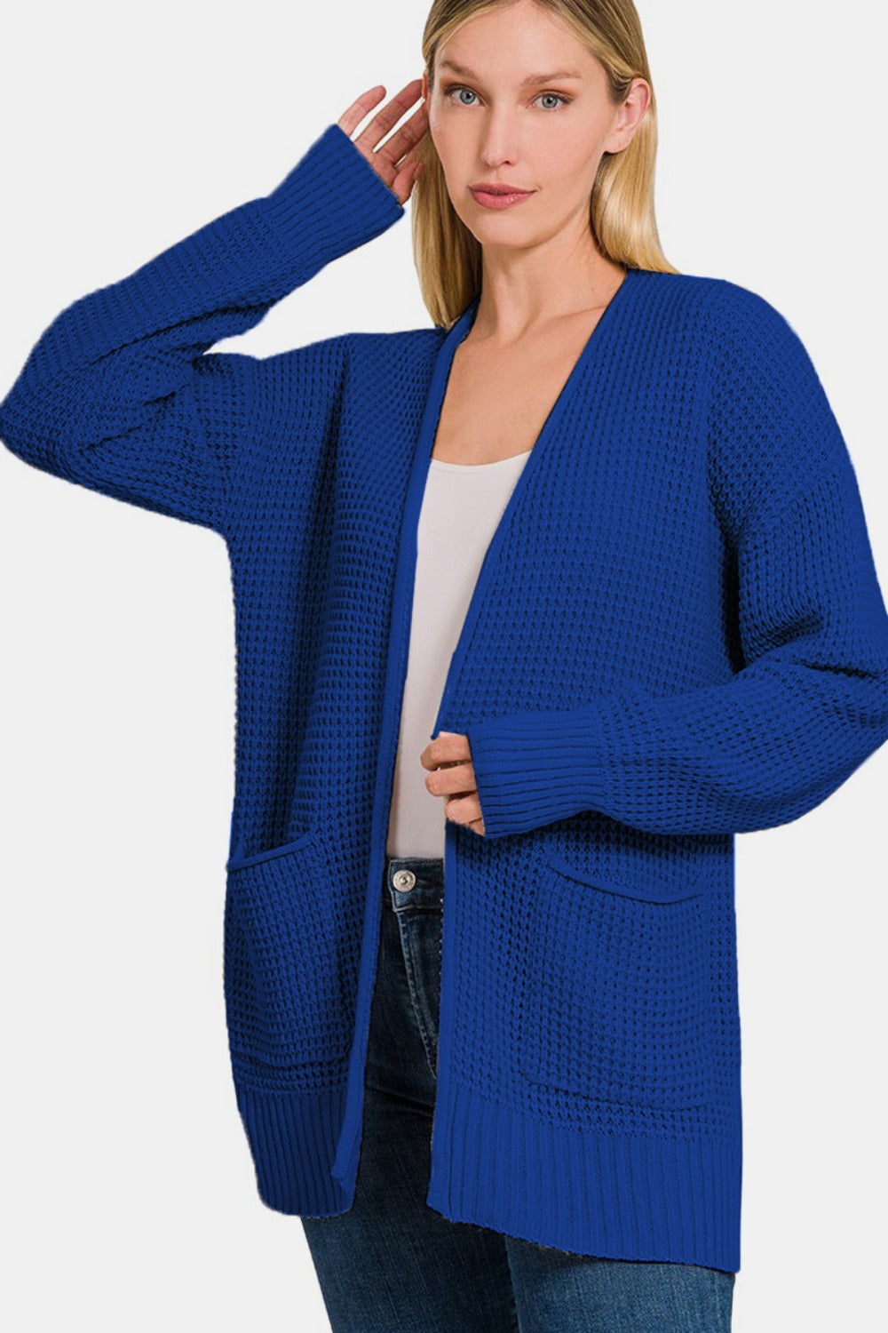 Zenana Waffle Open Front Sweater Cardigan  Trendsi   