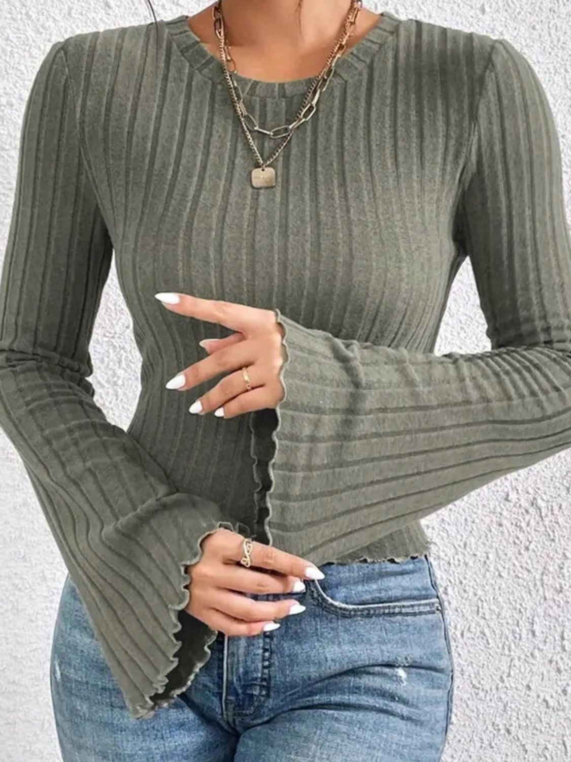 Ribbed Round Neck Flare Sleeve T-Shirt T-Shirt Trendsi   