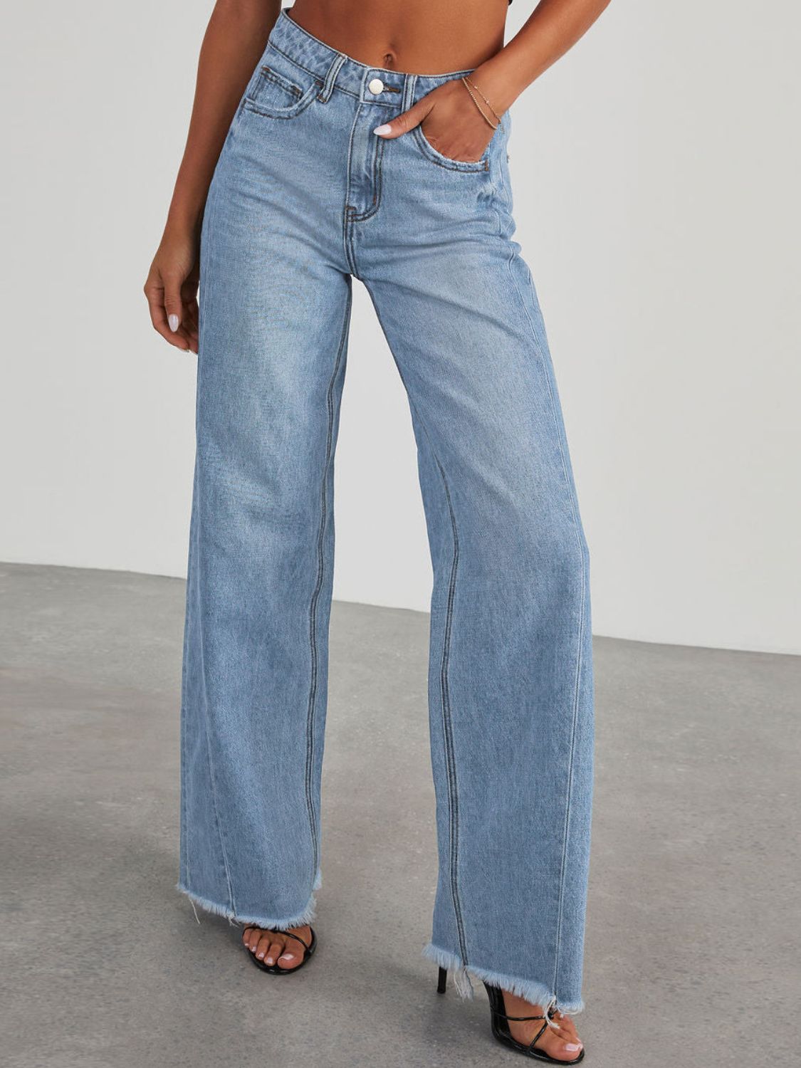 Raw Hem Wide Leg Jeans with Pockets  Trendsi Light S 