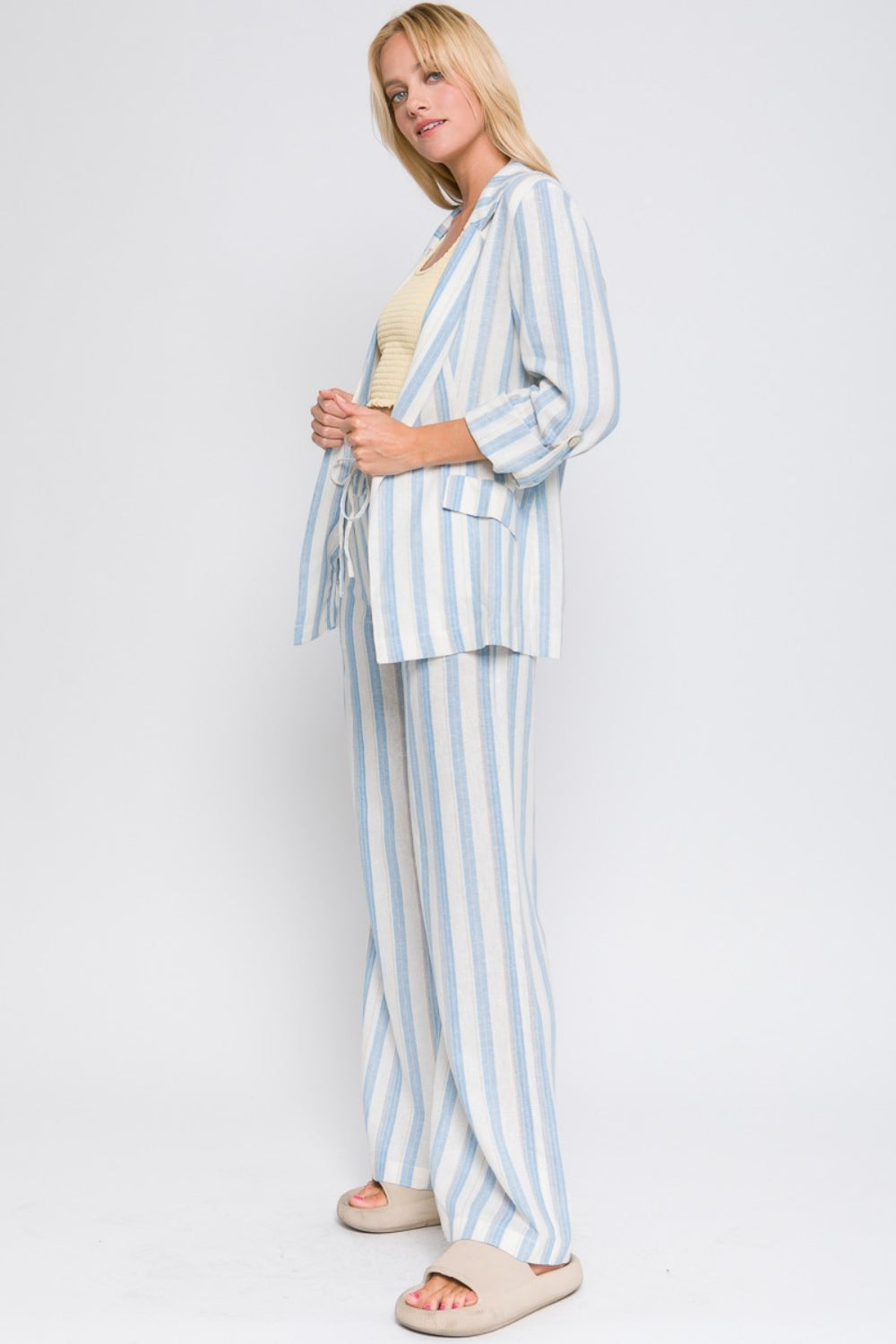 Love Tree Linen Woven Striped Blazer  Trendsi   